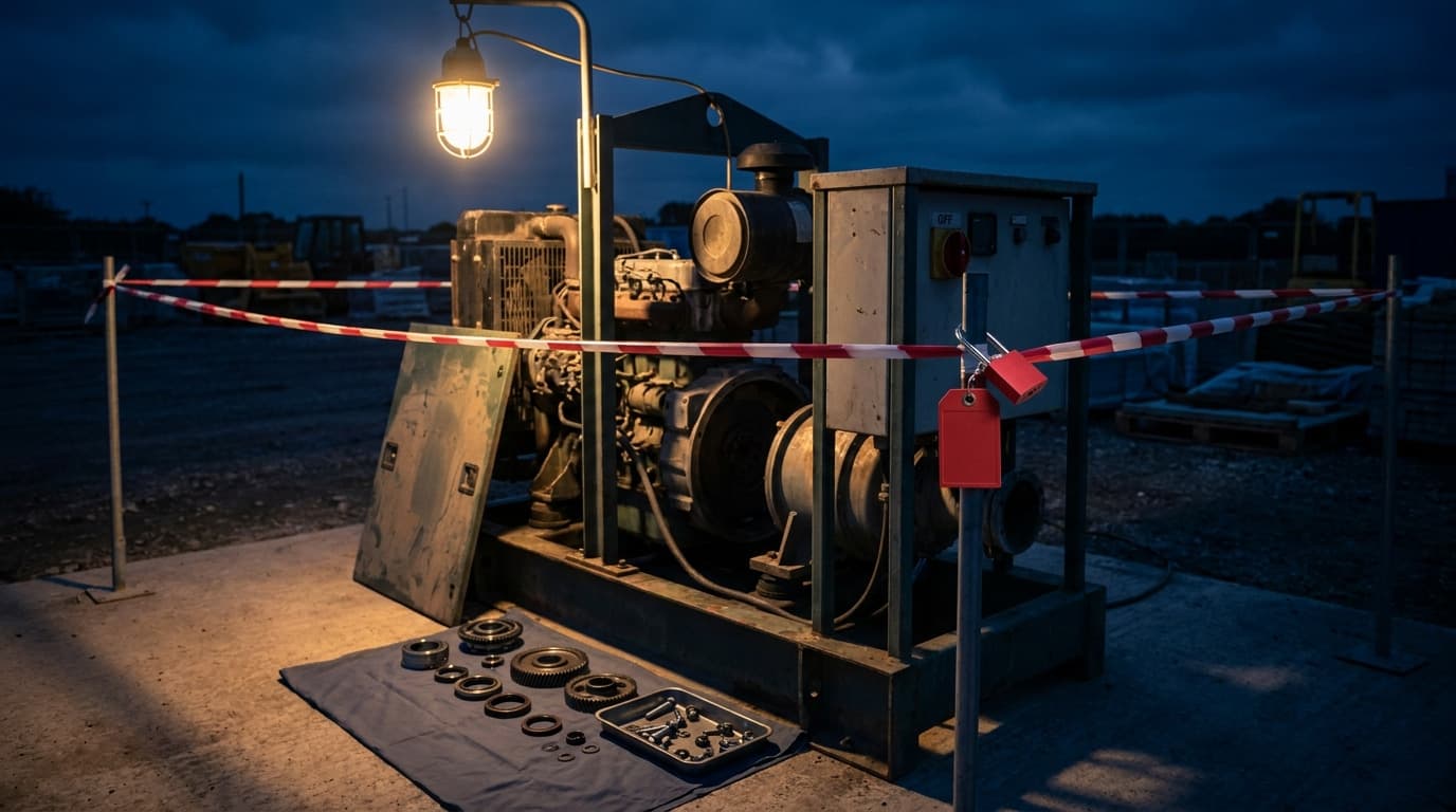 Generator unit cordoned off with red and white striped tape, red padlock and tag on control box, disassembled parts laid on a cloth at night under a lamp.