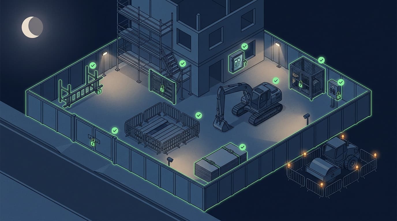 Isometric illustration of a fenced night-time construction site with excavator, scaffolding, ladder rack, fenced pallets, and lockers, each marked with green checkmarks.