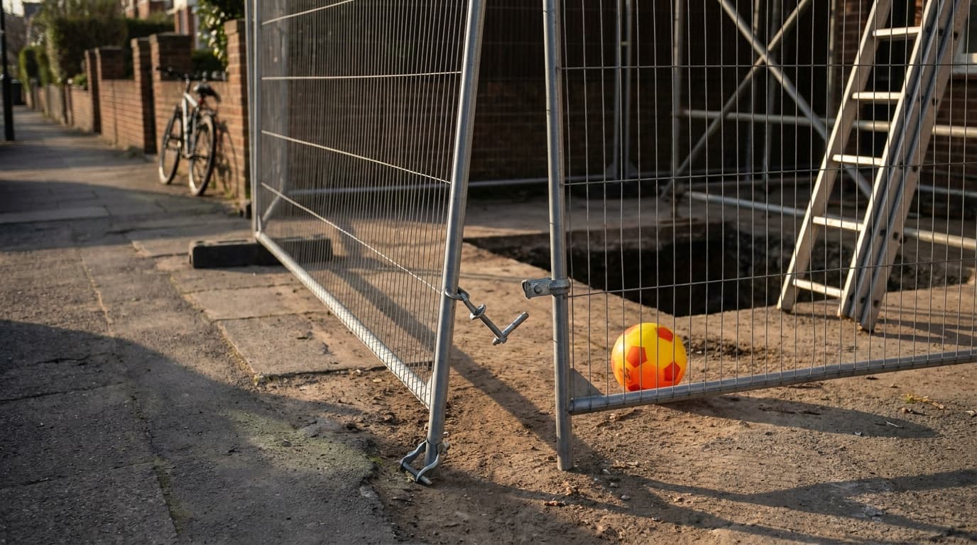 A wire mesh perimeter fence panel stands ajar near a construction excavation hole, with a soccer ball and ladder visible behind it on a residential street.