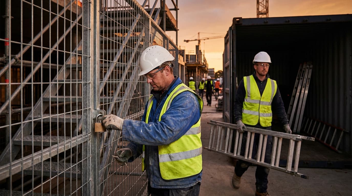 A worker in a hi-vis vest and hard hat locks a padlock on a mesh gate while another worker carries a ladder past a shipping container at dusk.