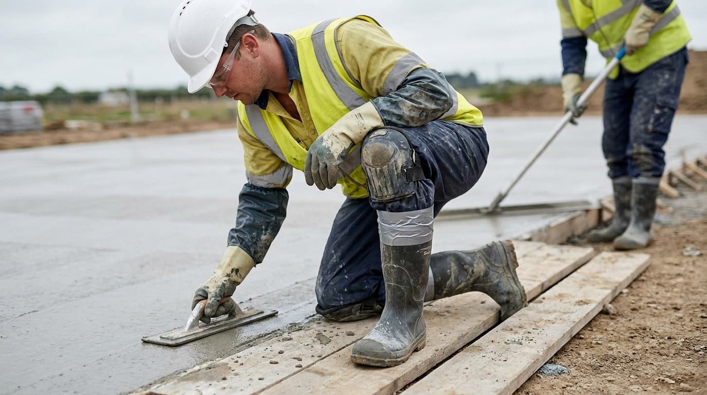 Trabajador arrodillado con chaleco de alta visibilidad, casco, rodilleras y guantes alisa concreto húmedo con una llana de mano mientras otro trabajador nivela cerca.