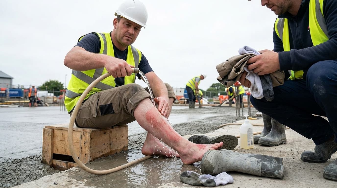 Trabajador sentado enjuaga con una manguera una pierna descubierta roja e irritada, mientras un colega sostiene toallas de tela, botas embarradas y una botella de jabón cerca en una obra de concreto.
