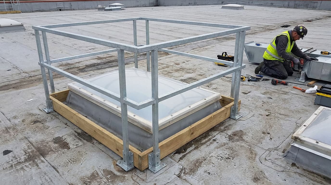 Düz çatıda bir kubbeli ışıklığın çevresine kurulmuş galvanizli korkuluk kafesi ve yakında kanallarda alet kullanan diz çökmüş bir çalışan.
