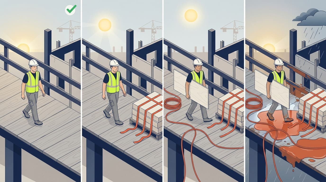 Four-panel illustration of a worker on a raised platform: clear path, then materials and coiled cables appear, later carrying a board around cables during rain with a spilled orange liquid.
