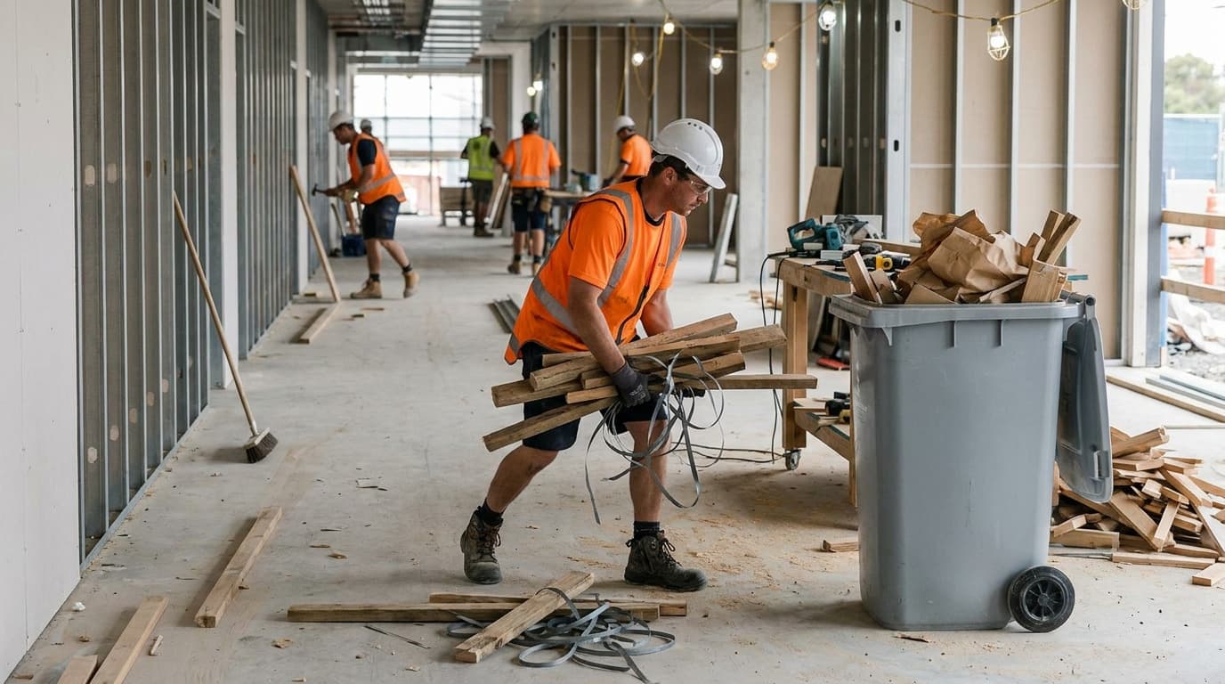 Construction worker in orange vest carries wood scraps and metal strapping toward an overflowing gray bin in a hallway under renovation, other workers visible behind.