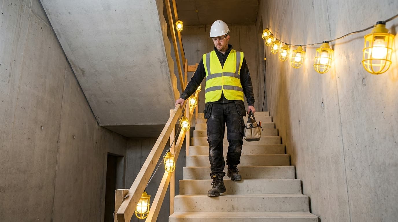 Worker in yellow safety vest and helmet descends a concrete staircase holding a tool bag, one hand on a wooden handrail, string lights lining both walls.