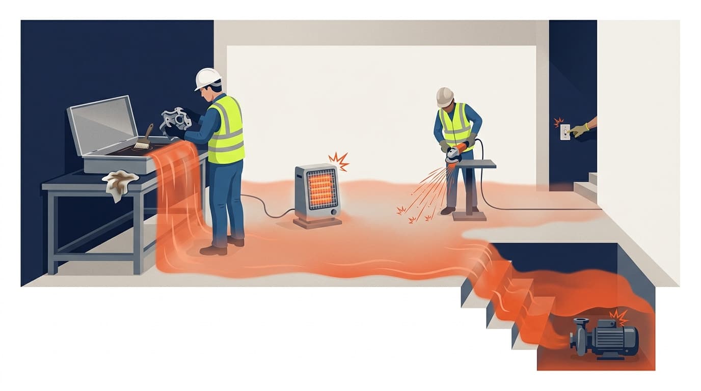 Ilustración de dos trabajadores junto a un calefactor portátil, una amoladora angular lanzando chispas y un tomacorriente, sobre un charco de líquido naranja que se extiende hasta una bomba sumergida.