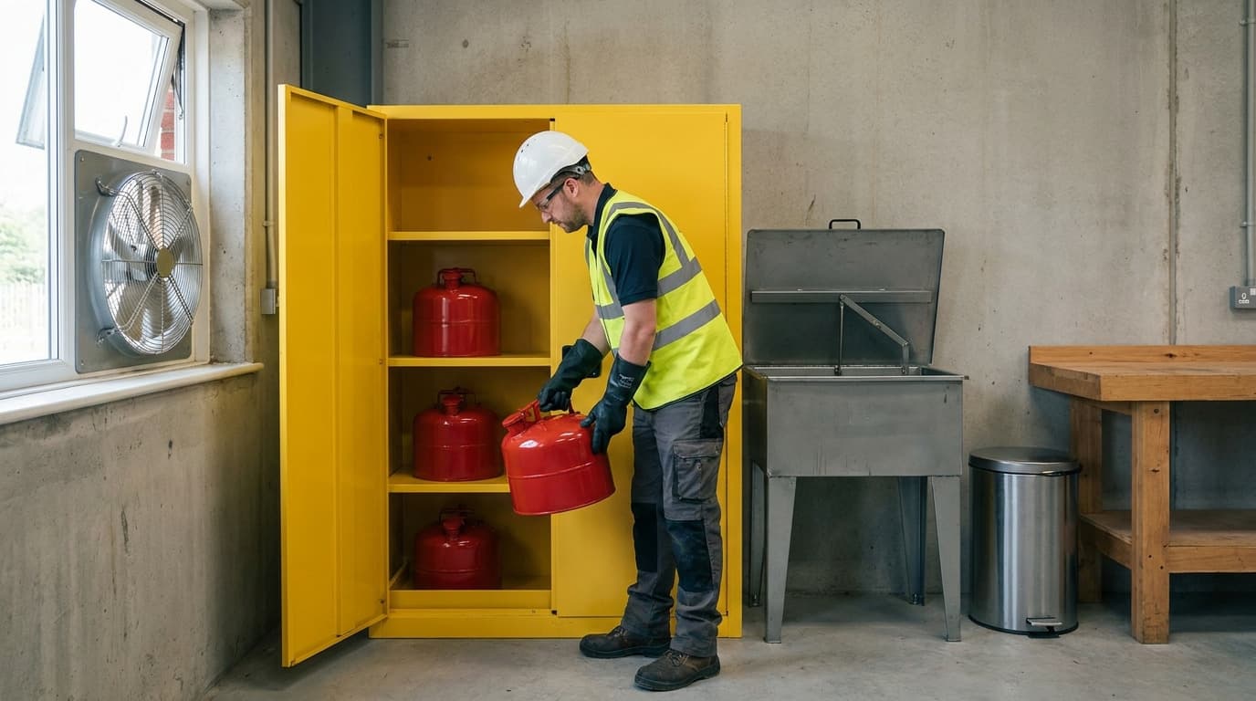 Trabajador con chaleco de alta visibilidad y casco colocando una lata de seguridad roja en un gabinete amarillo para inflamables, cerca de una lavadora de piezas y un banco de trabajo.