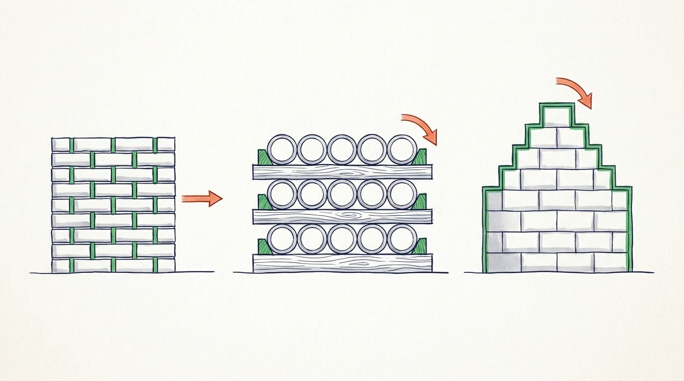 Illustrated diagram showing three stacking methods: interlocked brick pattern with green mortar lines, cylindrical pipes stacked between wooden timbers with green chocks, and blocks arranged in a pyramid shape with stepped sides.