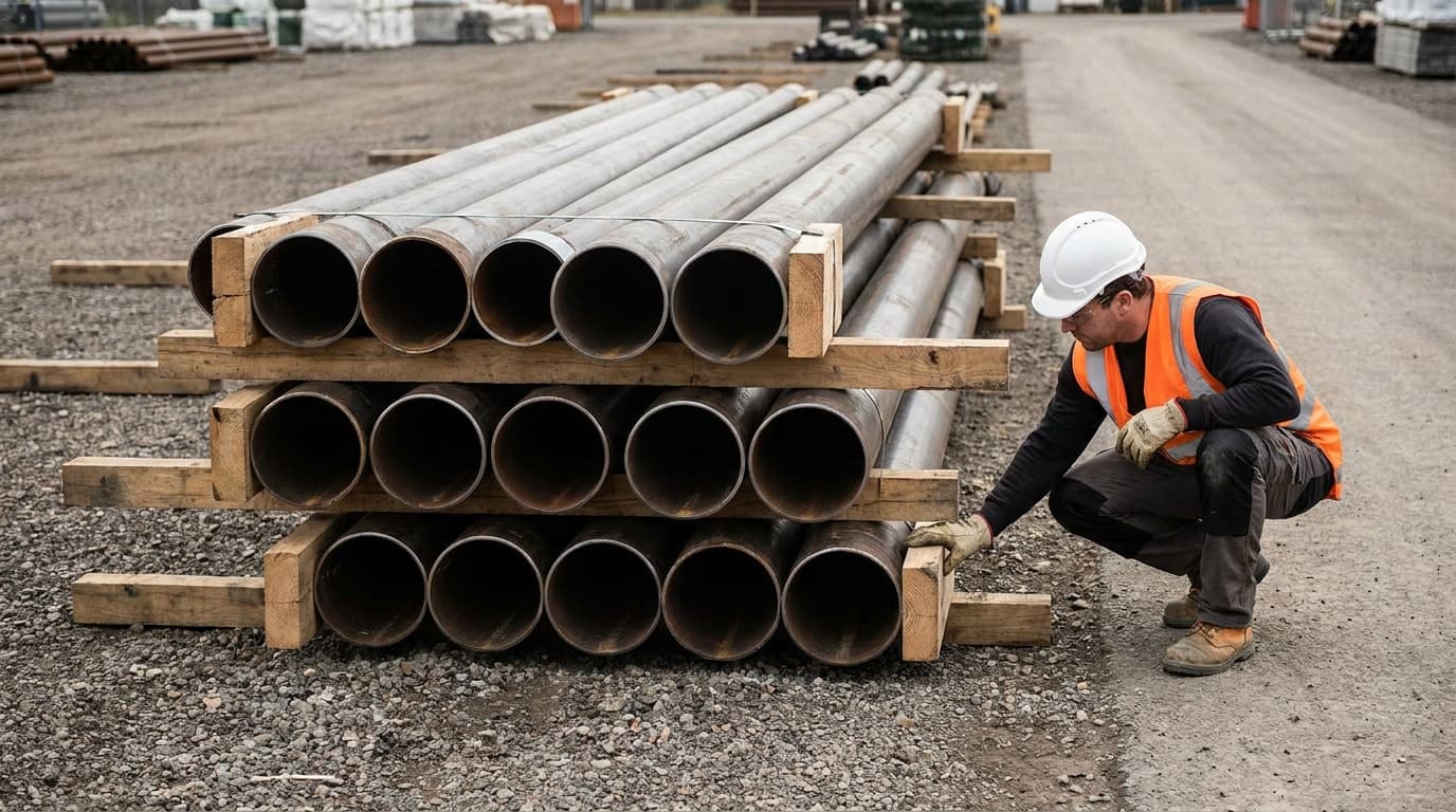 Worker in white hardhat and orange vest crouches beside stacked metal pipes separated by wooden timber spacers at an outdoor construction yard.