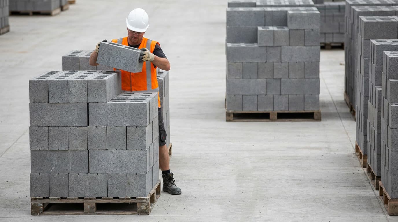 Worker in white helmet and orange vest lifts a concrete block from a stacked pallet, surrounded by multiple pallets of gray concrete blocks on a paved yard.