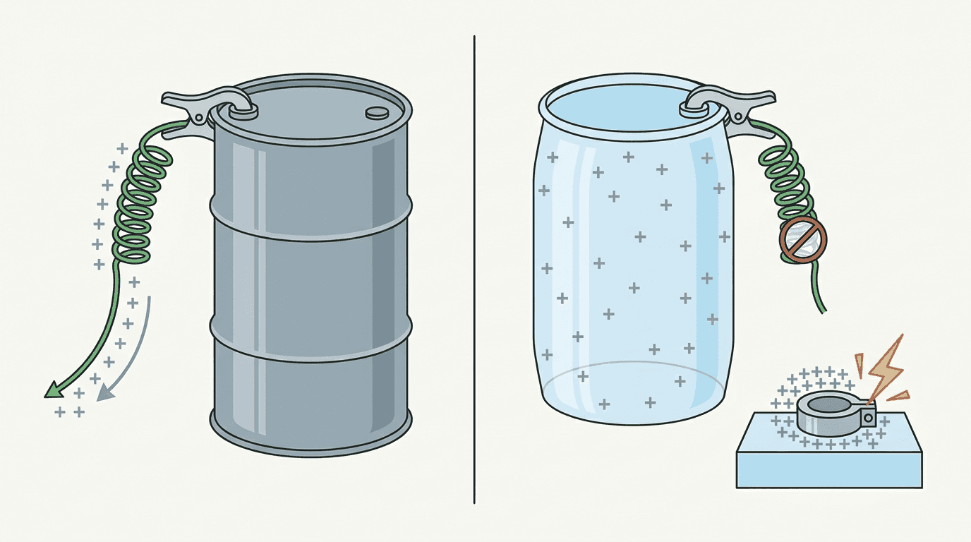 Ilustración comparativa entre un tambor metálico con un alambre verde enrollado que descarga cargas positivas de forma segura y un recipiente plástico con símbolos de más atrapados y una chispa mostrada en su conexión con pinza.