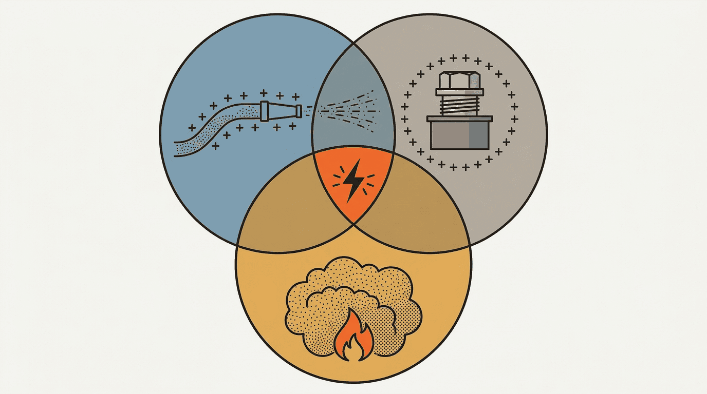 Diagrama de tres círculos superpuestos que muestra una manguera cargada rociando, un rayo cargado con símbolos de más y una pila de polvo con llama, superpuestos en una zona naranja de chispa en el centro.