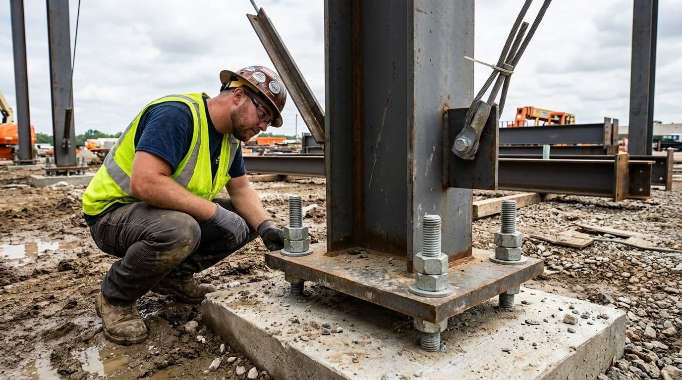 Trabajador con chaleco de alta visibilidad amarillo y casco se agacha para apretar los pernos de anclaje de la placa base de una columna de acero sobre una pila de hormigón, en una obra embarrada.