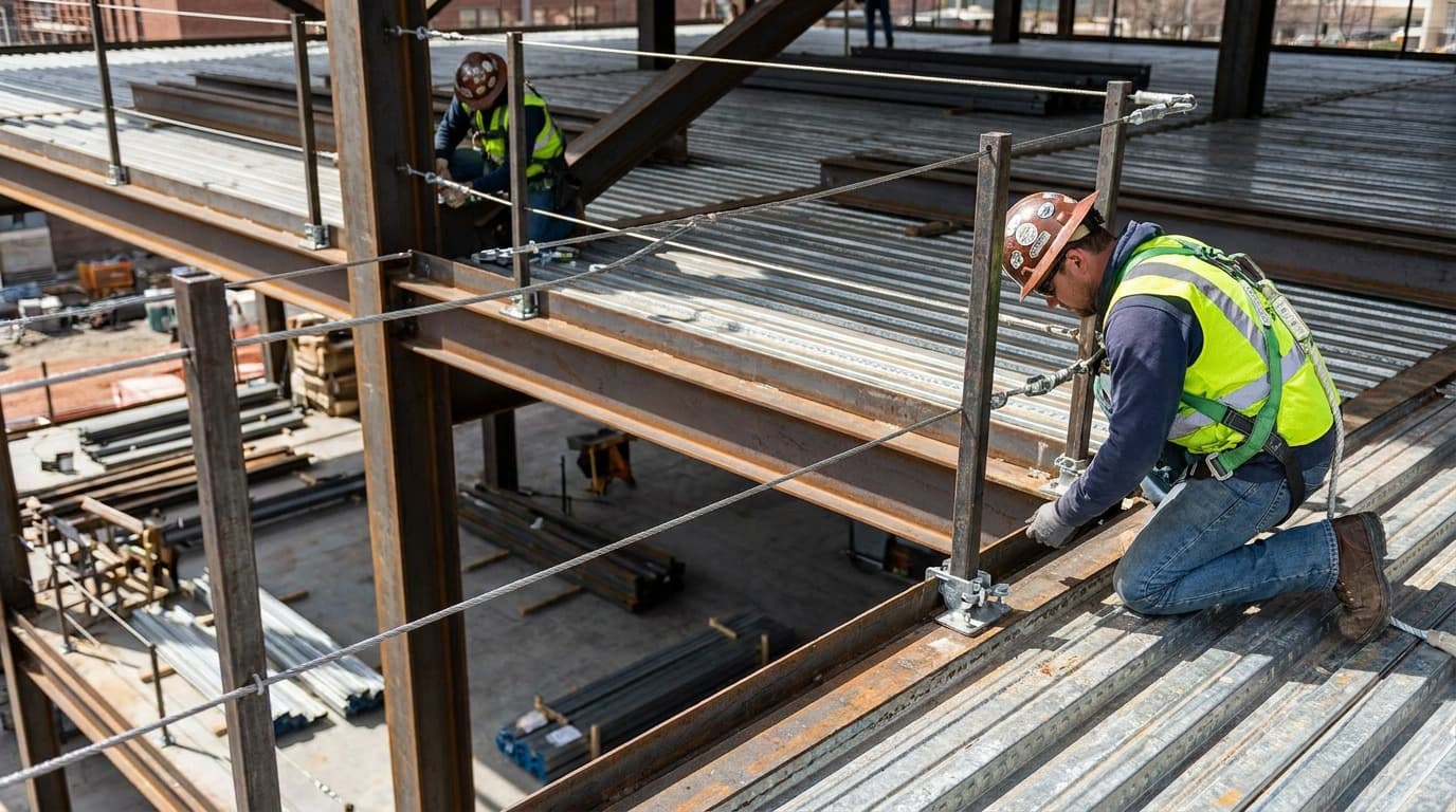 Dos trabajadores con chalecos de alta visibilidad amarillos y cascos se arrodillan sobre un piso elevado con cubierta de acero, uno conectado a un cable de línea de vida horizontal que recorre el borde.