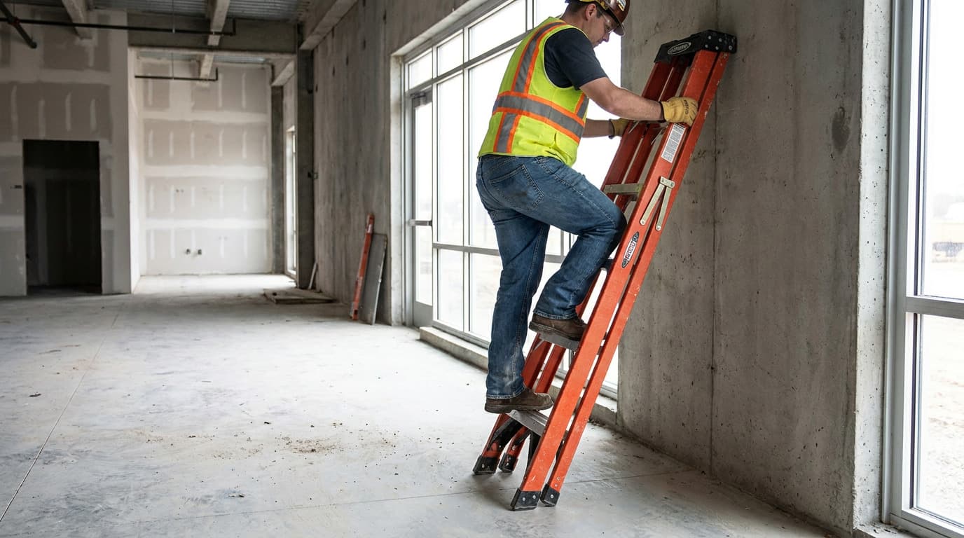 Un trabajador con chaleco de alta visibilidad y casco sube por una escalera de extensión de fibra de vidrio naranja apoyada contra una pared de concreto en un interior sin terminar.