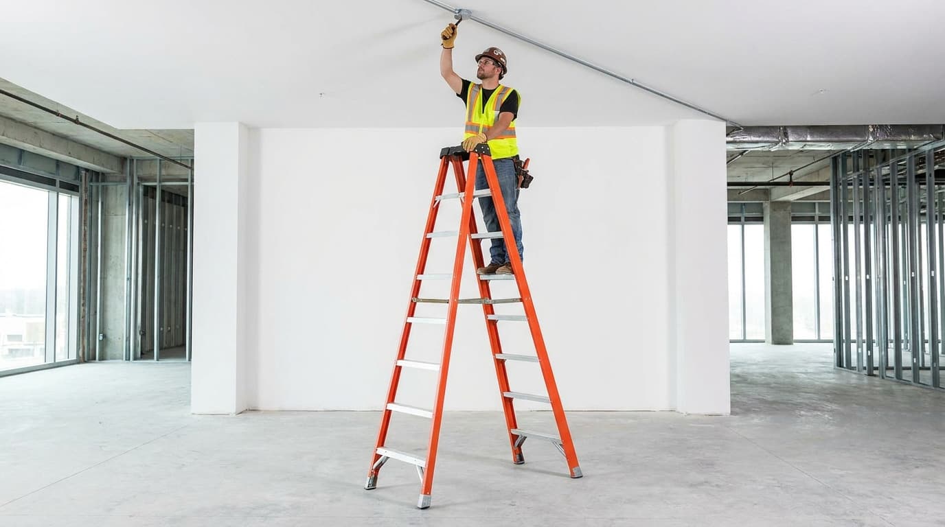 Un trabajador está de pie en la parte superior de una escalera de tijera naranja, estirándose hacia el techo para trabajar en un conducto eléctrico dentro de un edificio de concreto abierto.