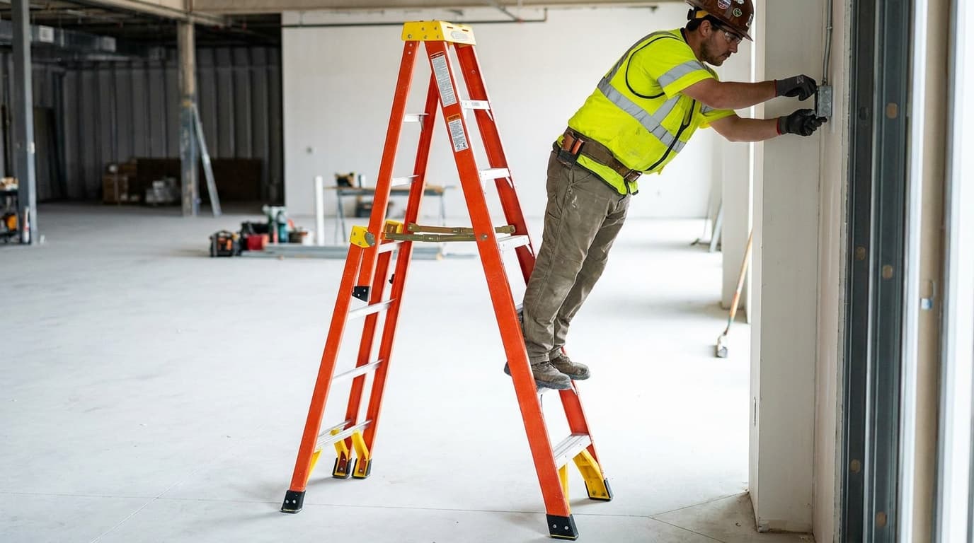 Un trabajador se inclina hacia un lado desde una escalera de tijera naranja abierta para alcanzar una caja eléctrica en la pared, con un pie sobre el último peldaño.