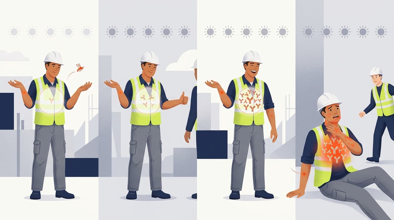 Four-panel illustration of a worker stung by a wasp, showing swelling spreading, then collapsing while a colleague runs toward him for help.