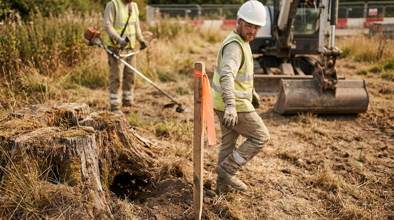 Two workers in hi-vis vests and hard hats work near an excavator and tree stump with bees flying from a hole, marked by an orange ribbon stake.
