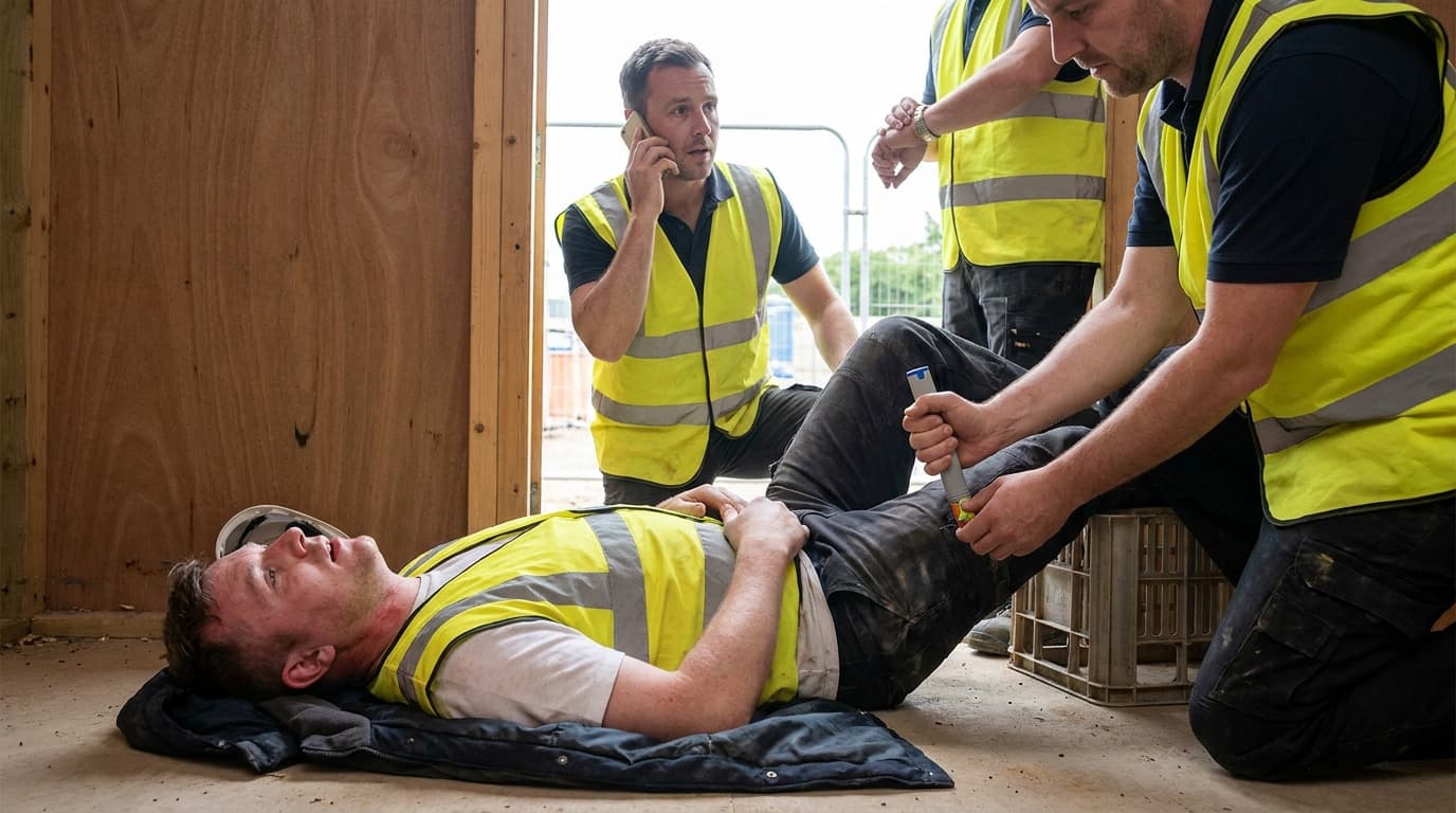 A worker lies on the ground inside a timber-framed building while three colleagues in hi-vis vests assist him, one on a phone and another using an injector device.