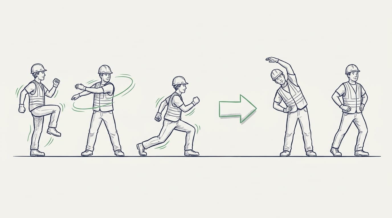Secuencia ilustrada de un trabajador de construcción con casco y chaleco realizando elevaciones de rodilla, círculos de brazos, estocadas y estiramientos laterales antes de trabajar.