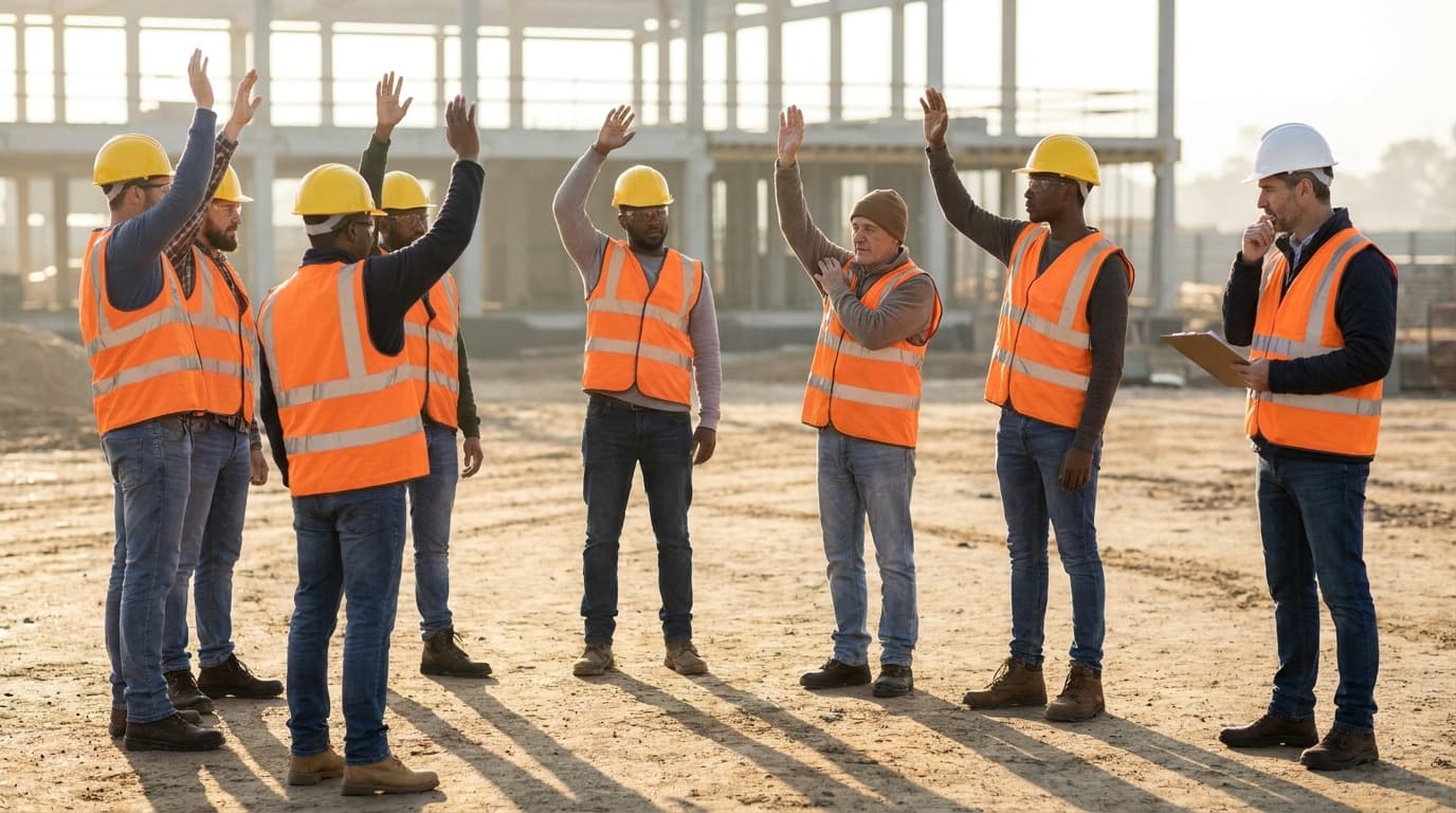 Grupo de trabajadores de construcción con cascos y chalecos de alta visibilidad naranjas levanta la mano durante una reunión al aire libre con un supervisor que sostiene una tablilla en la obra.