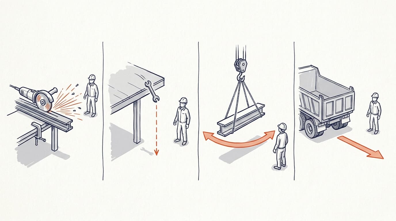 Four-panel illustration: worker near an angle grinder cutting steel, a wrench falling from an elevated platform, a steel beam suspended by crane hooks, and a worker beside a tipping dump truck.