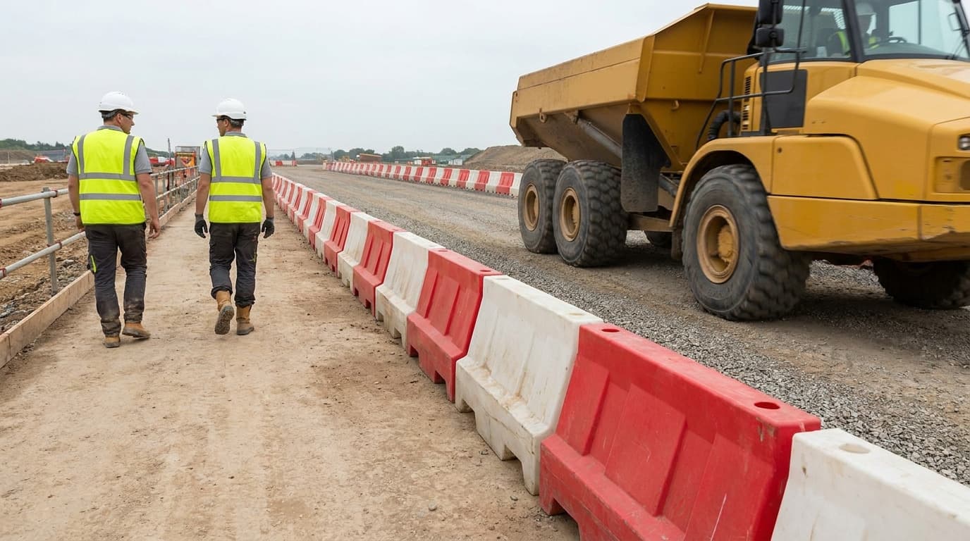 Two workers in hi-vis vests and hard hats walk beside red-and-white plastic barriers along a gravel road as a large yellow dump truck passes nearby.
