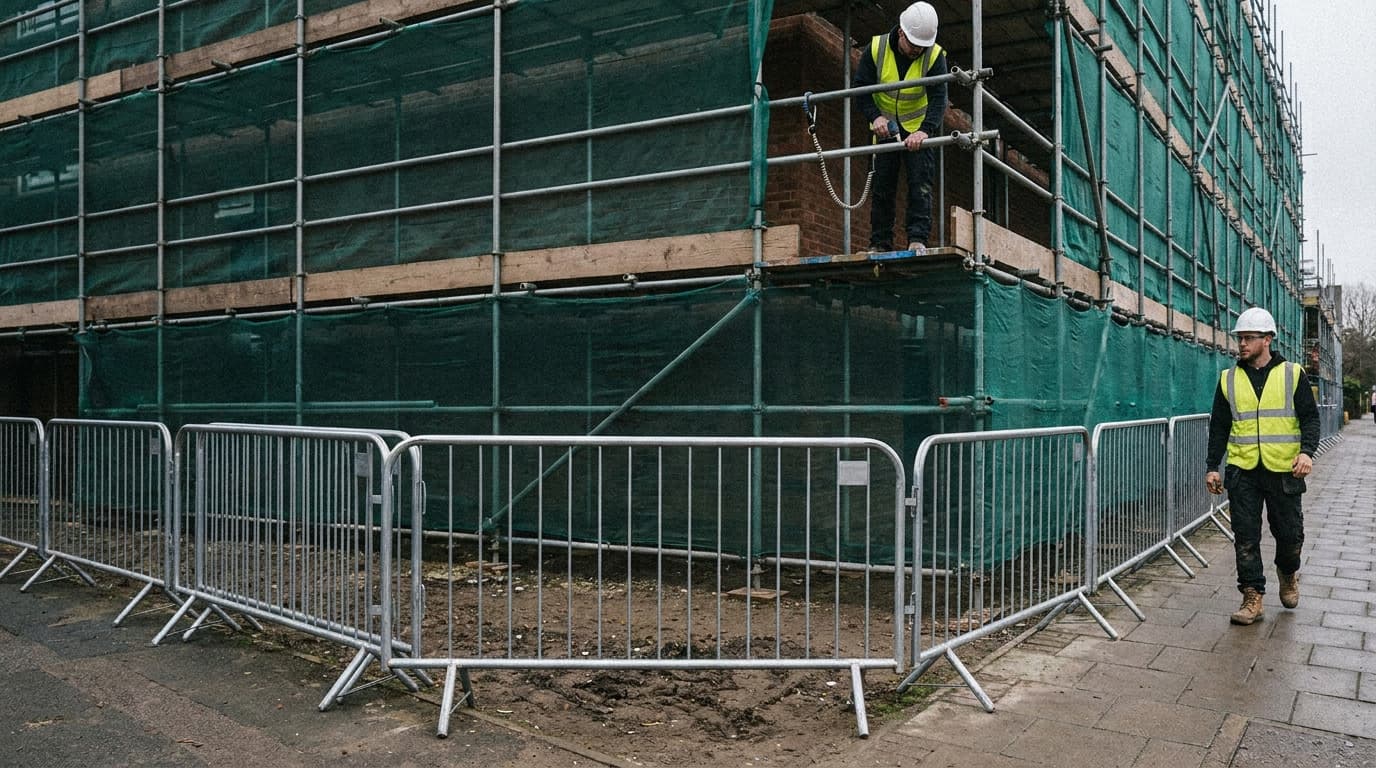 Two workers in hard hats and hi-vis vests stand near a scaffolded building wrapped in green mesh, separated by metal barrier fencing on a sidewalk.