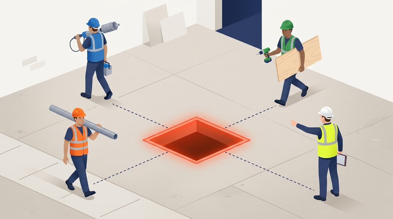 Illustration of four workers with tools converging toward a glowing red square floor opening, connected by dashed lines on a concrete slab.