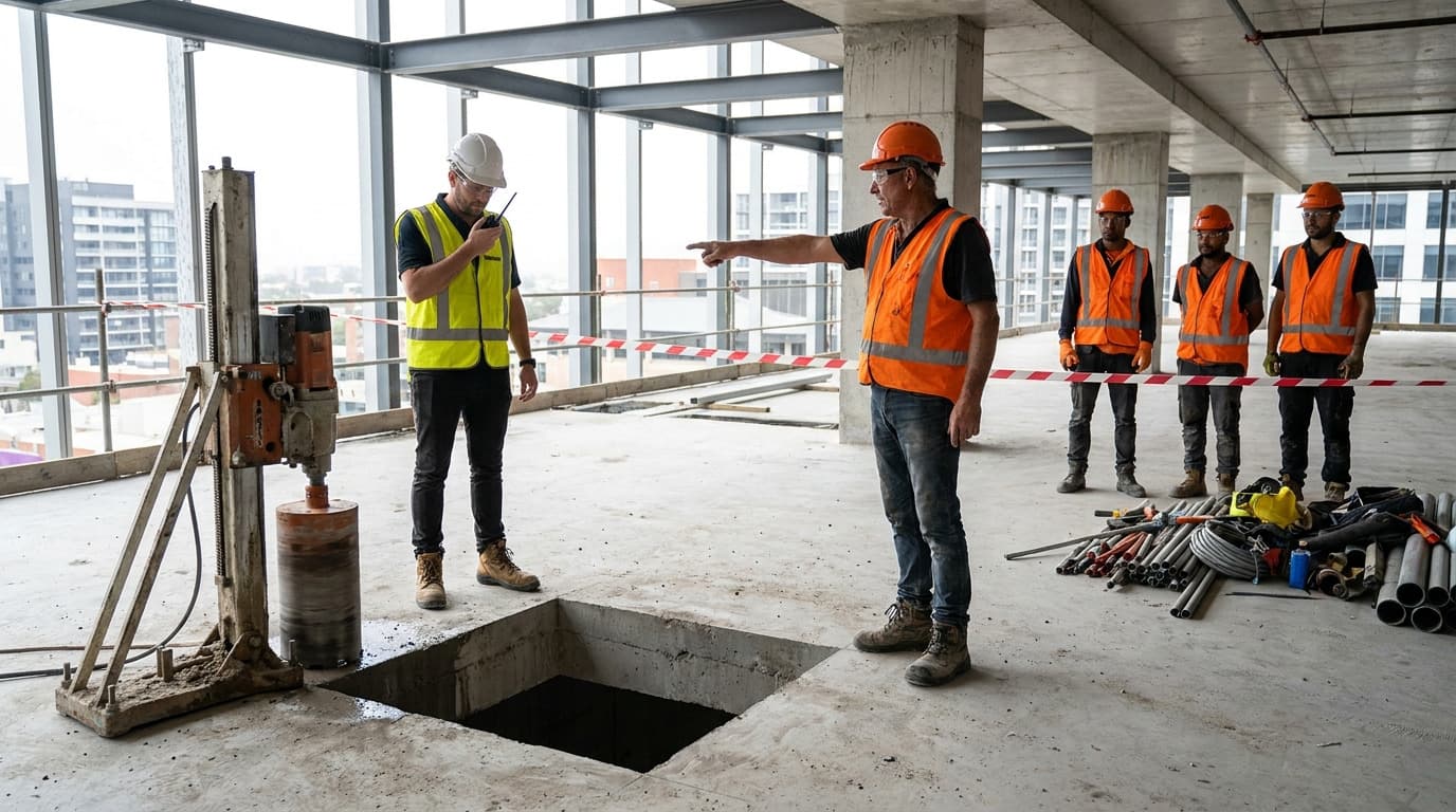 Workers in hard hats and vests gather around a square hole cut in a concrete floor of an unfinished high-rise, near a core drill rig and coiled cables.