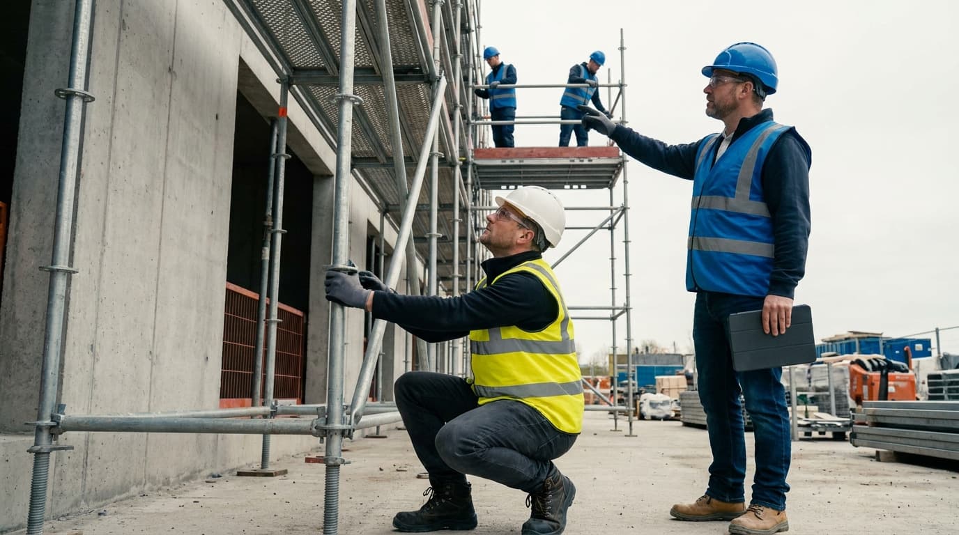 A kneeling worker and a standing supervisor with a laptop case examine scaffolding, while two other workers stand on a scaffold platform above.