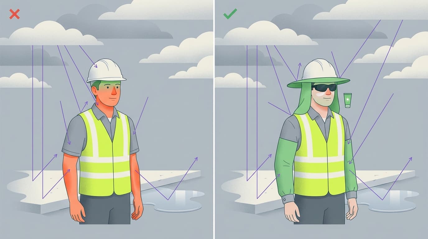 Split illustration comparing a worker with short sleeves and bare arms exposed to sun rays versus a worker wearing a hard hat brim cover, sunglasses, sunscreen and long green sleeves.