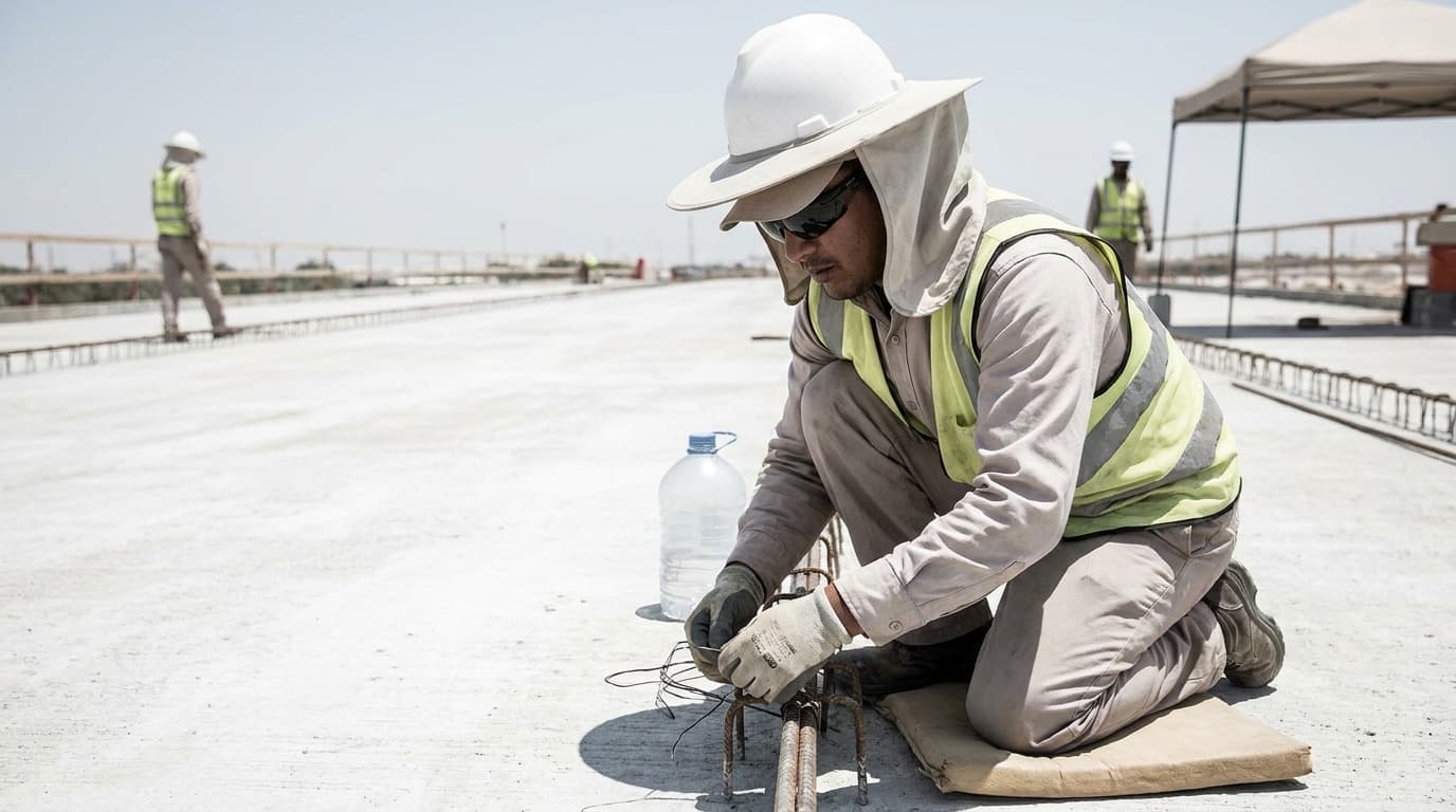 Kneeling worker in hi-vis vest, hard hat with neck shade flap, and sunglasses ties rebar on a concrete slab beside a water bottle, other workers visible in background.
