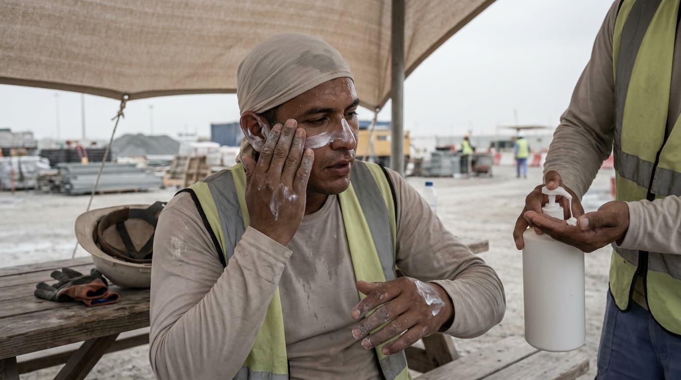 Worker under a shade canopy applies white sunscreen to his face while another worker holds out a pump bottle of lotion, gloves and hard hat on table.