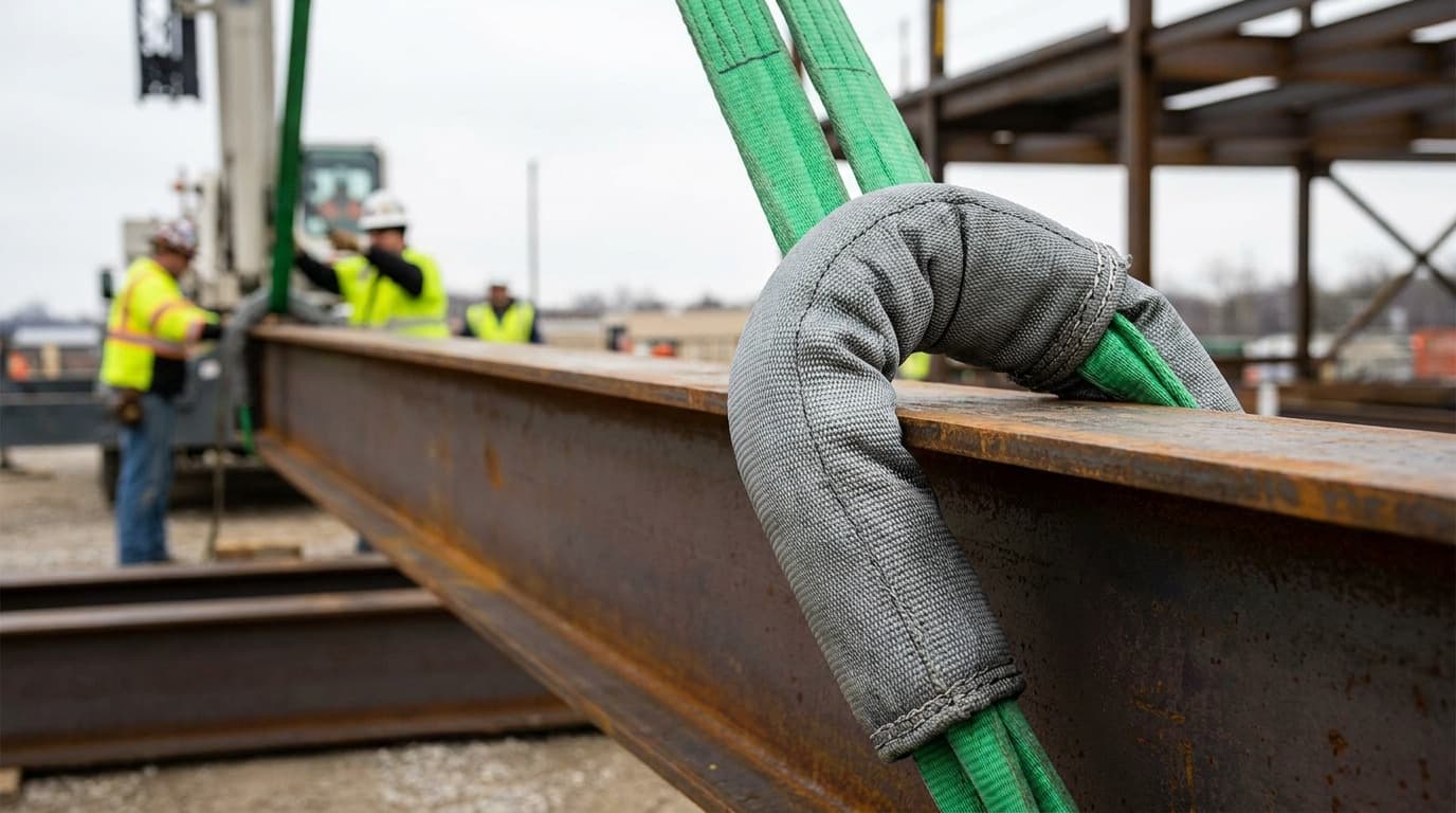 Eslingas de izaje sintéticas verdes envueltas en una funda protectora gris levantan una viga de acero oxidada, con trabajadores en chalecos de alta visibilidad y cascos guiándola cerca.