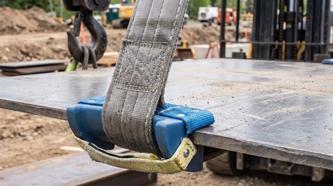 Una eslinga de izaje de banda gris con protector de esquina azul y guarda de borde amarillo asegura una placa de acero, colgada del gancho de una grúa en una obra al aire libre.