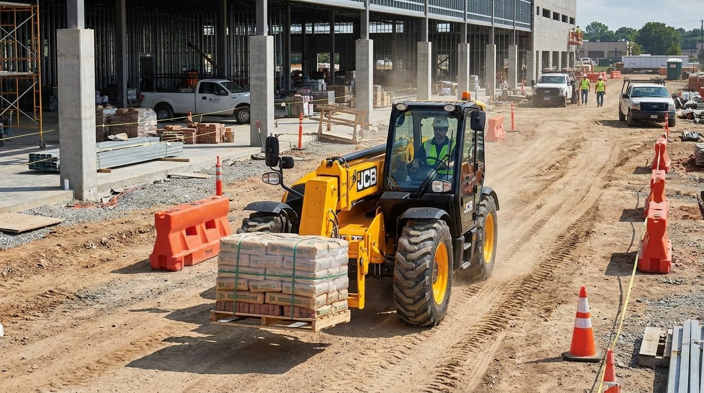 Sarı bir teleskopik yükleyici, beton kolonlar, trafik konileri ve işçilerin bulunduğu büyük bir şantiyede torbalı malzeme paletini taşıyor.