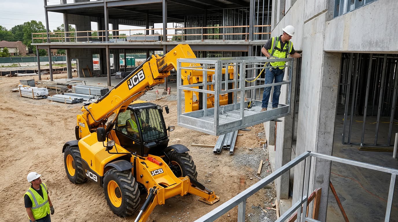 Bir teleskopik yükleyici, inşaat halindeki bir binanın beton duvarının yanında üzerinde fosforlu yelekli bir işçinin durduğu metal çalışma platformunu kaldırıyor.