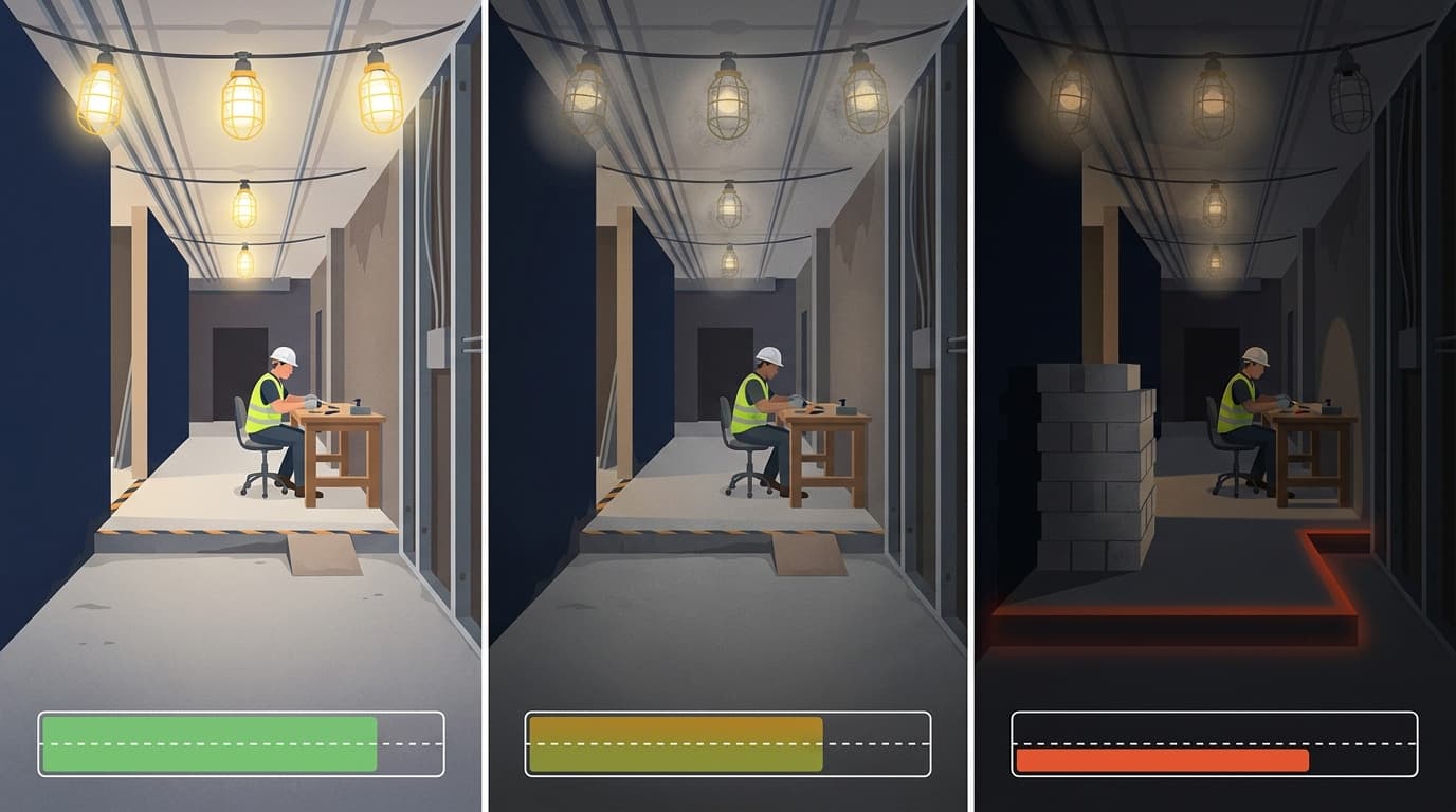 Three-panel illustration of a worker at a desk in a corridor under string lights, showing bright, dim, and dark lighting levels with status bars below each.