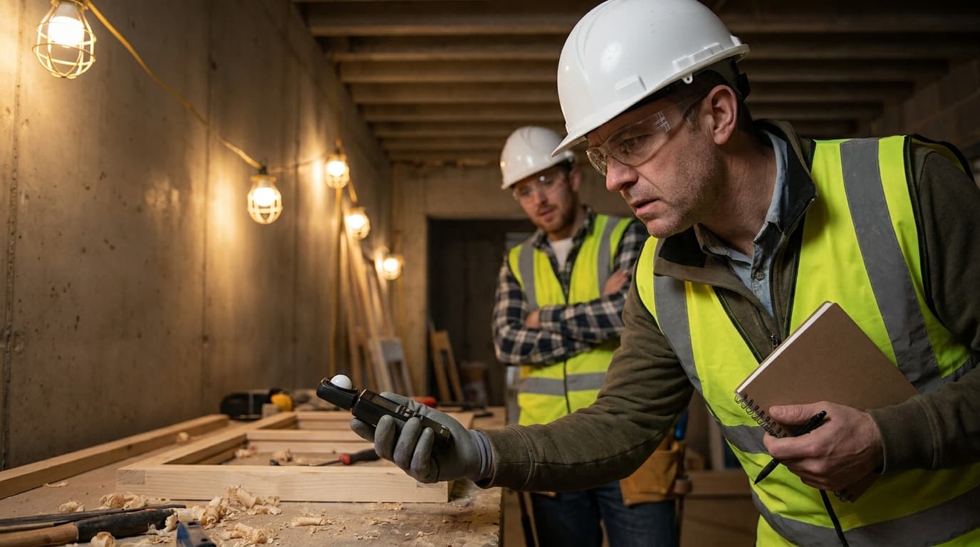 Two men in hard hats, safety glasses, and hi-vis vests examine a tool at a wooden workbench under string lights in an unfinished interior.