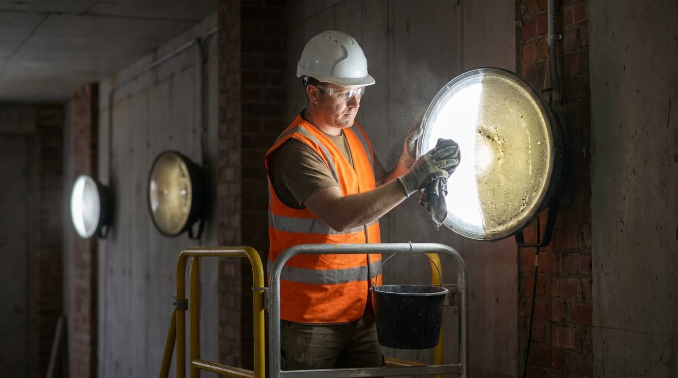Worker on a mobile platform in hi-vis vest and hard hat wipes dust from a large round work light mounted on a brick and concrete wall.