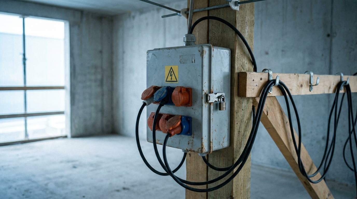 Turuncu endüstriyel prizleri ve bir uyarı etiketi bulunan metal bir elektrik panosu ahşap bir direğe monte edilmiş; yakınında kablolar sarılıp kancalara asılmış.