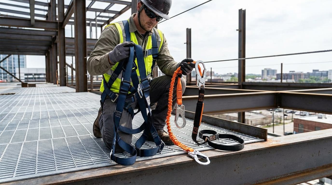 Worker in hard hat and safety vest kneels on steel grating at height, holding a harness and orange lanyard with metal snap hooks.