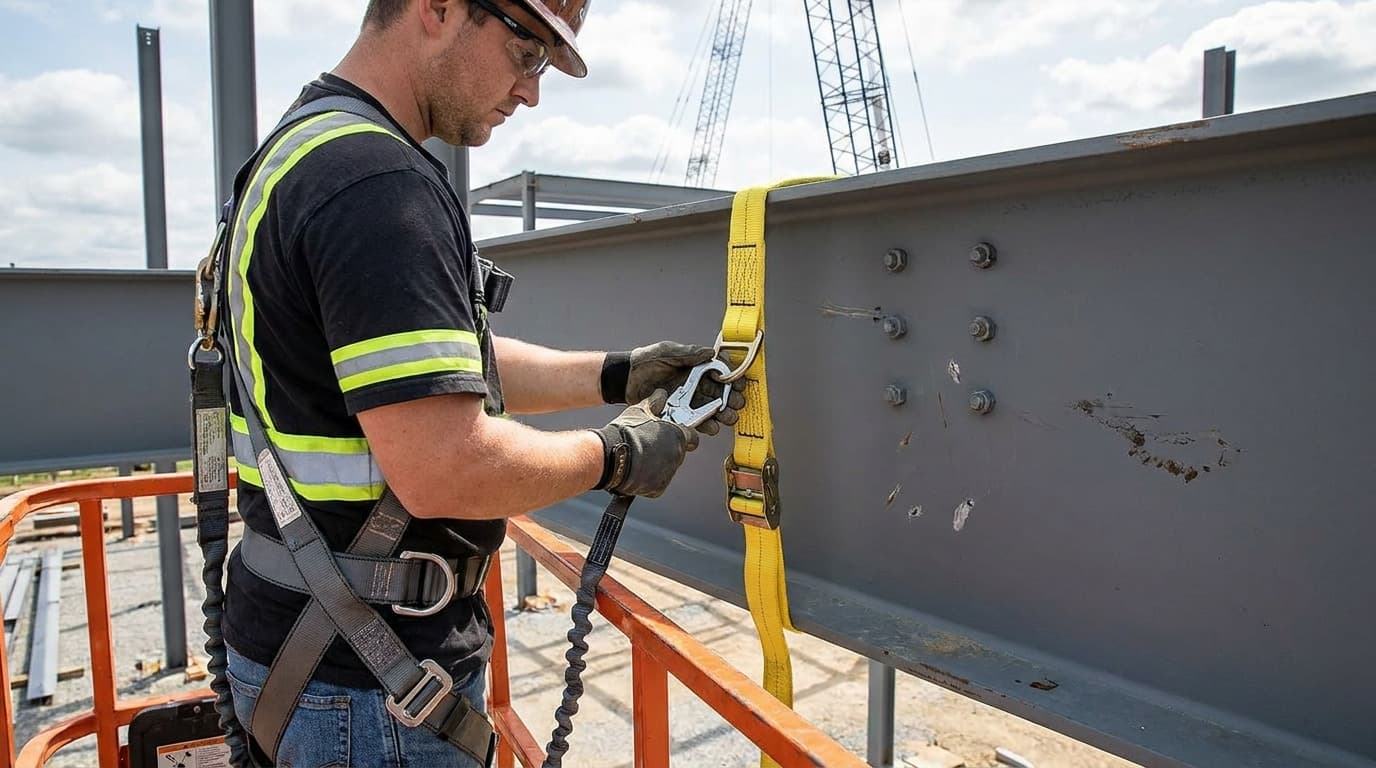 Worker wearing harness on an aerial lift platform clips a yellow anchor strap around a steel beam with bolted connections.