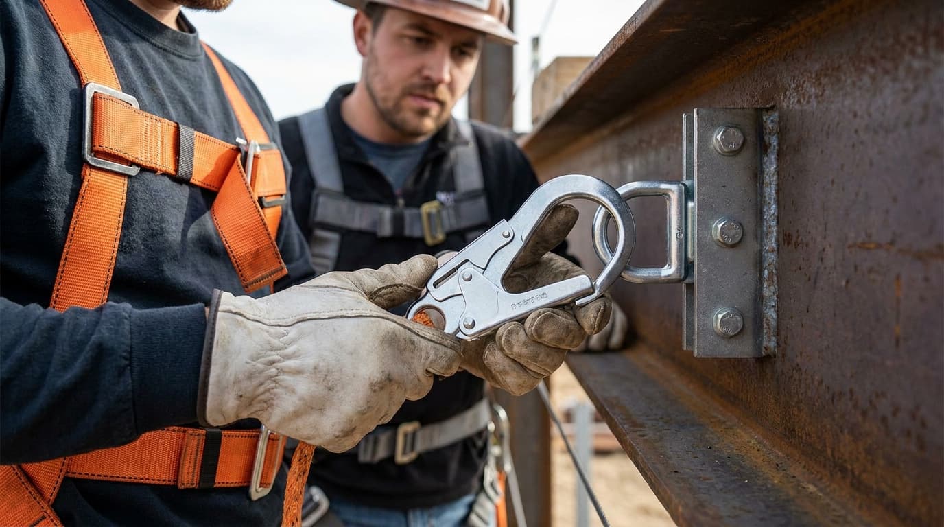Close-up of gloved hands connecting a metal snap hook to a bolted anchor point on a steel beam, second worker in harness watching.