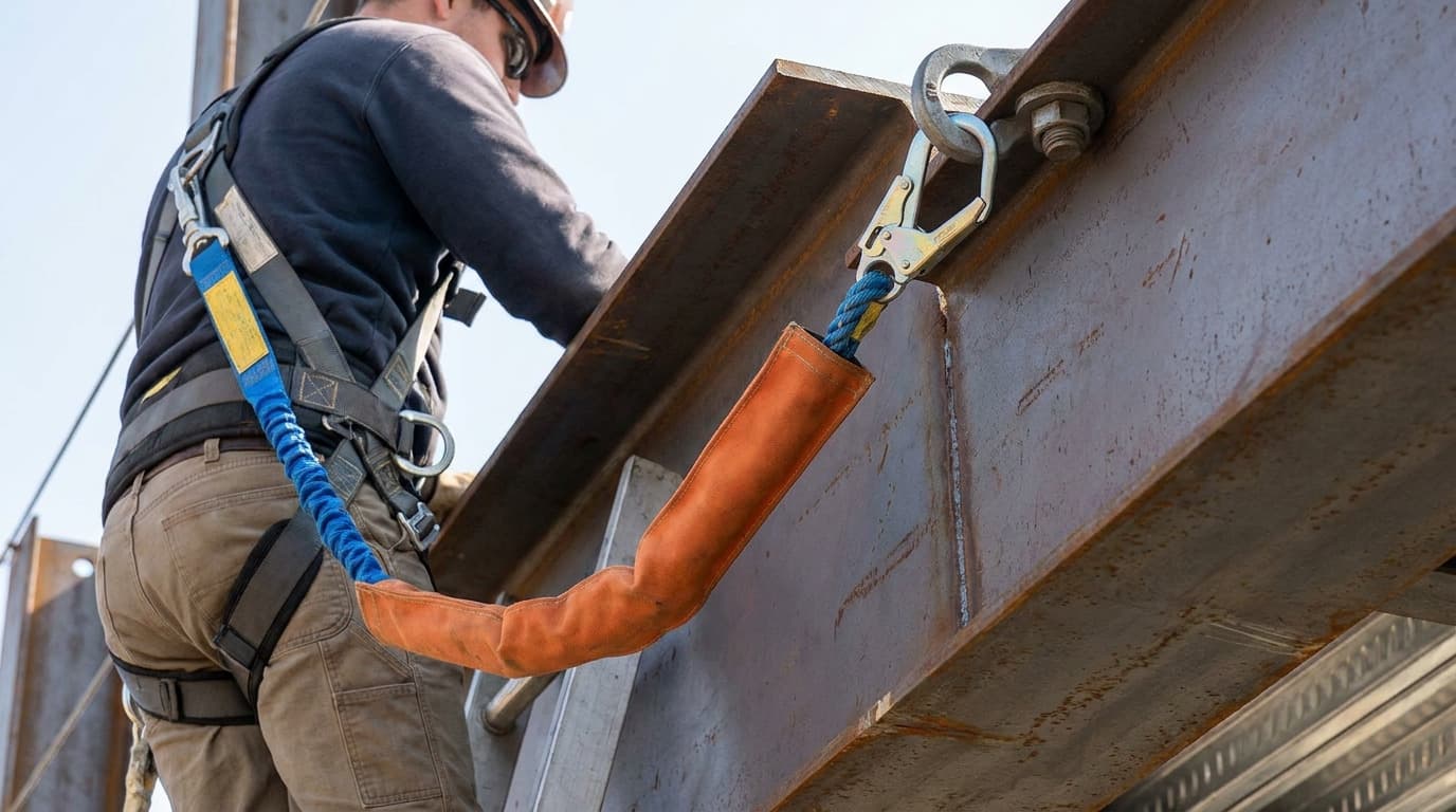 Worker climbing a steel beam structure clips a blue lanyard with orange padding to an anchor eye bolted to the beam.