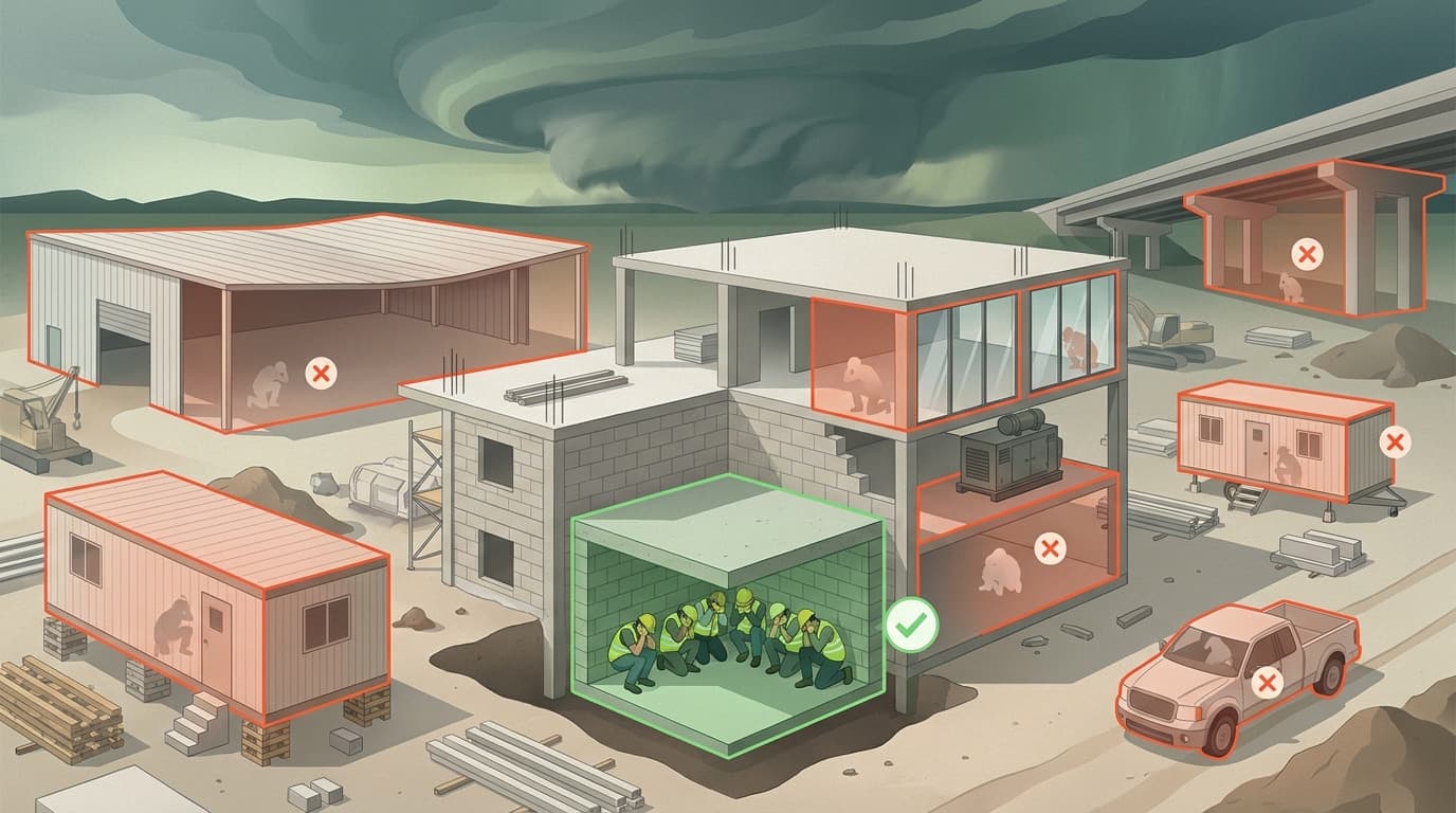 Diagram of a construction site under a dark storm sky, showing workers marked wrong in trailers, warehouses, buildings and vehicles, and correct sheltering in an underground reinforced room.