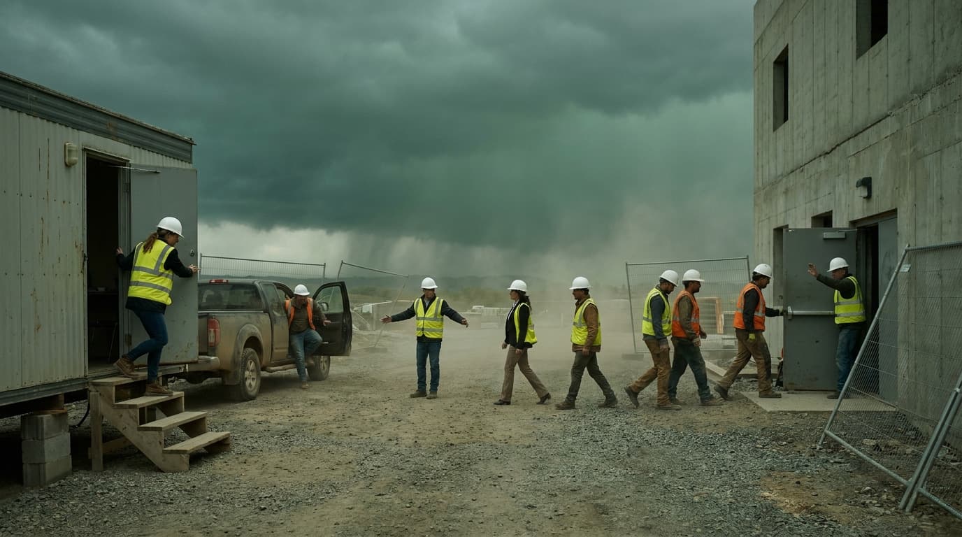 Workers in hard hats and safety vests walk across a gravel site toward a concrete building doorway as a dark storm and dust cloud approaches behind them.